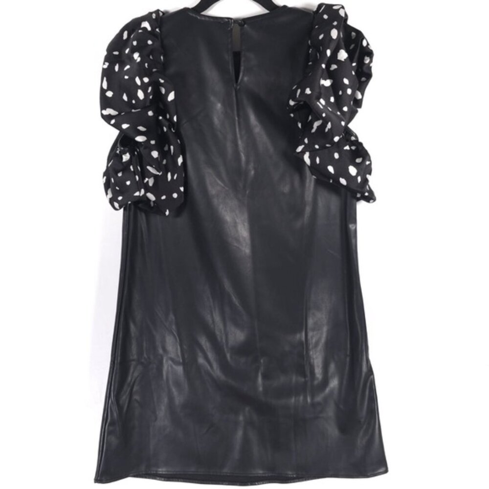 THML Lucia Mini Dress Faux Leather Polka Dot Ruffle Sleeves THS1220-1-BK SMALL‎ - Picture 2 of 12